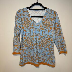 J. MCLAUGHLIN Catalina Cloth Floral Damask Blue Orange 3/4 Sleeve Blouse Top M